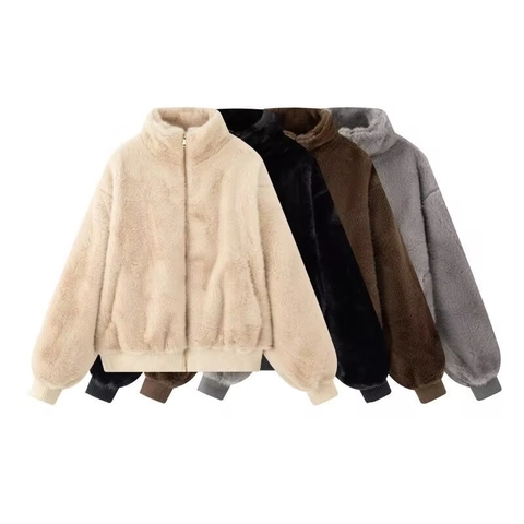 Women Faux Fur Jacket Stand Collar Zipper Warm Winter Coat Ribbed Cuffs Casual Loose Short Solid Outerwear Ladies Jacket