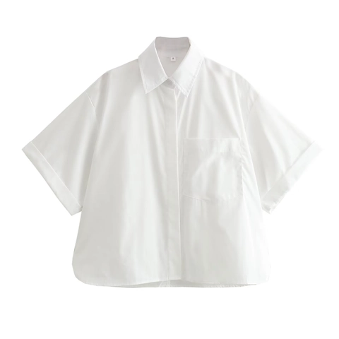 Camicia da Donna in Popeline Casual Bottoni Colletto a Revers Vestibilità Larga Manica Corta Top Estivo Con Tasca Tinta Unita Righe