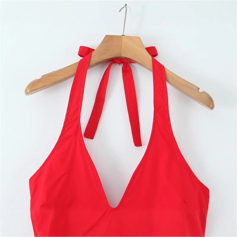 Donna Elegante Rosso Abito Scollo Halter Profondo Scollo a V Schiena Scoperta Plissettato Vita Alta Linea ad A Maxi Abito Moda Vacanza Festa Abito Lungo