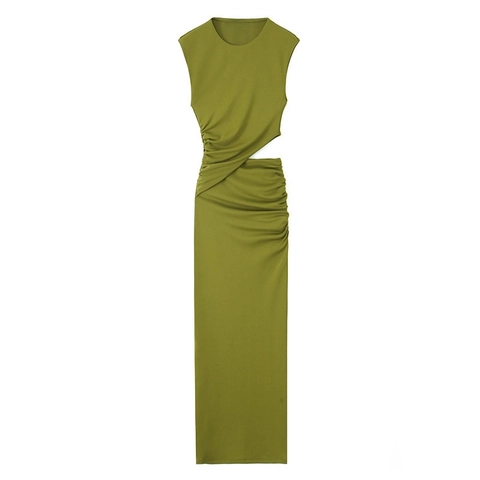 Women Round Neck Sleeveless Side Hollow Out Ruched Maxi Dress Summer Slim Fit Elegant Solid Color Long Dress