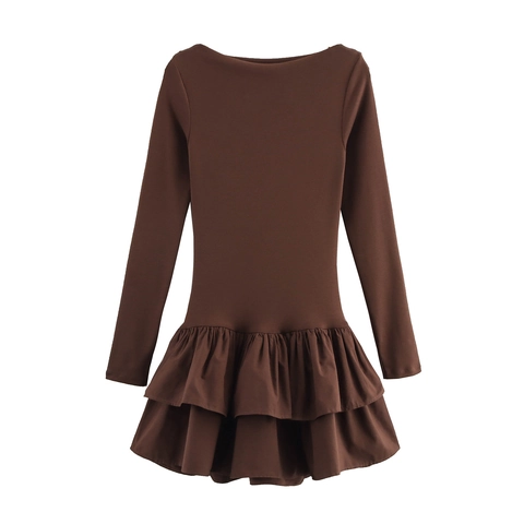 Damen Schlank Minikleid Mit Rüschensaum Langarm Gestuftes Polyesterkleid Casual Rundhalsausschnitt Einfarbiges KurzKleid
