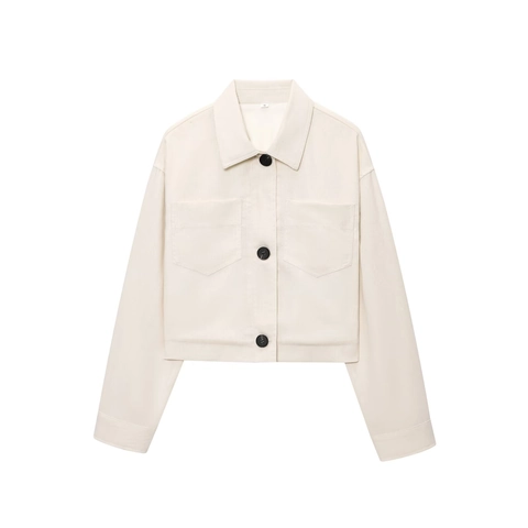 Women's Casual Solid Color Lapel Long Sleeve Short Jacket With Big Pockets Single Breasted Polyester Outerwear Top