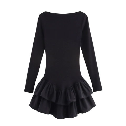 Elegante Dames Mini-Jurk met Lange Mouwen en Blote Schouders Ruffle Layered Zoom Slim Fit Effen Voorjaar