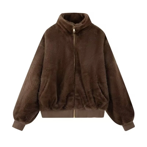 Women Faux Fur Jacket Stand Collar Zipper Warm Winter Coat Ribbed Cuffs Casual Loose Short Solid Outerwear Ladies Jacket