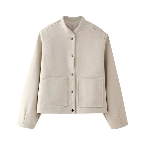 Giacca Corta Casual Collo alla Coreana Donna Monopetto Poliestere Tinta Unita Capispalla Con Grandi Tasche Moda Autunno