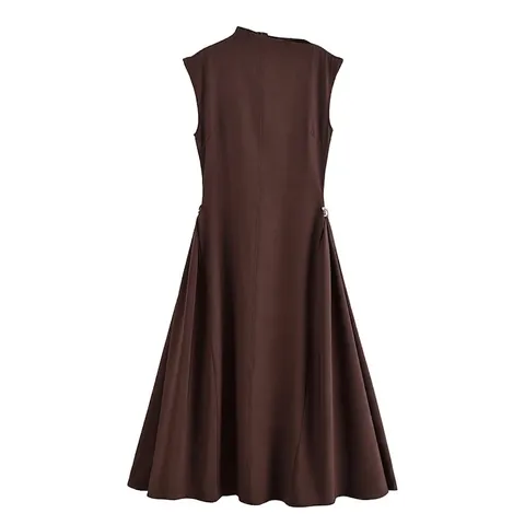 Vestido Midi Sin Mangas Elegante para Mujer Escote Asimétrico Hebilla de Metal Color Sólido Estilo Francés Vestido