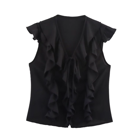 Outfit Moda Donna Camicia Senza Maniche Scollo V Con Volant E Minigonna A Balze Due Pezzi Streetwear Estivo Nero