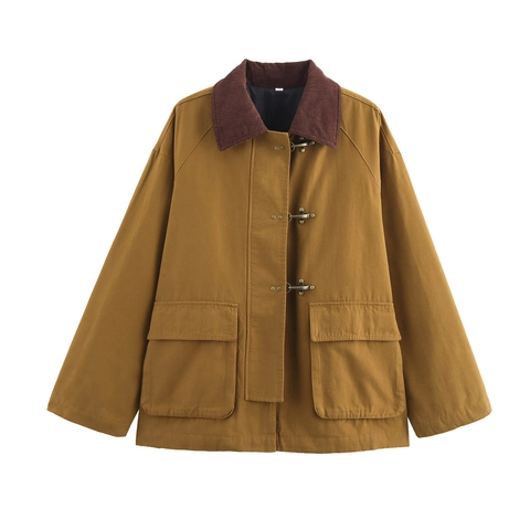 Giacca da Lavoro Casual da Donna Con Collo in Velluto a Coste Cappotto Imbottito in Poliestere Vintage per l'Inverno Marrone