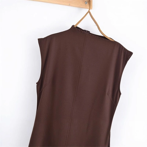 Vestido Midi Sin Mangas Elegante para Mujer Escote Asimétrico Hebilla de Metal Color Sólido Estilo Francés Vestido