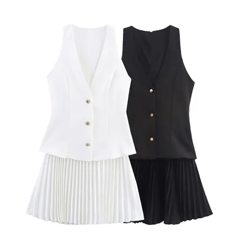 Dames Sexy Mouwloos V-hals Vest En Hoge Taille Plooirok Minirok Set Mode Effen Kleur Outfit