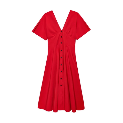 Women Elegant V-Neck Button Down Midi Dress Vintage Solid Color Short Sleeve A-Line Flowy Summer Casual Dress Evening Party