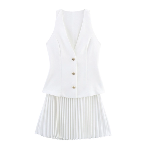 Dames Sexy Mouwloos V-hals Vest En Hoge Taille Plooirok Minirok Set Mode Effen Kleur Outfit
