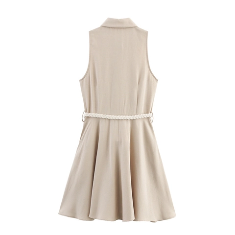 Women Sleeveless Linen Shirt Dress Casual Belted Mini A-Line Dress Solid Color Summer Fashion Office Wear Button Down Dress