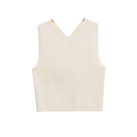 Top de Punto Acanalado Informal para Mujer Diseño Sexy de Espalda Cruzada sin Mangas Cuello Redondo Color Sólido Ajustado
