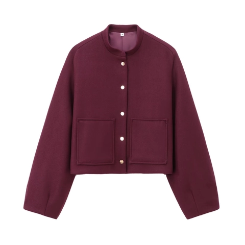 Women Short Woolen Jacket Button Down Crop Coat With Patch Pockets Long Sleeve Round Neck Casual Outerwear
