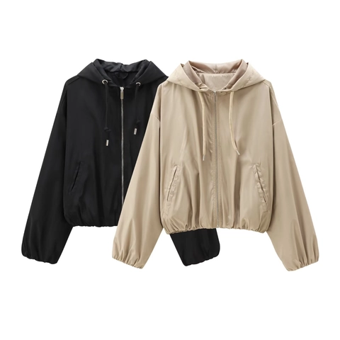 Women's Casual Hooded Jacket Windbreaker Zipper Solid Color Loose Fit Lightweight Spring Autumn Long Sleeve Outerwear Coat