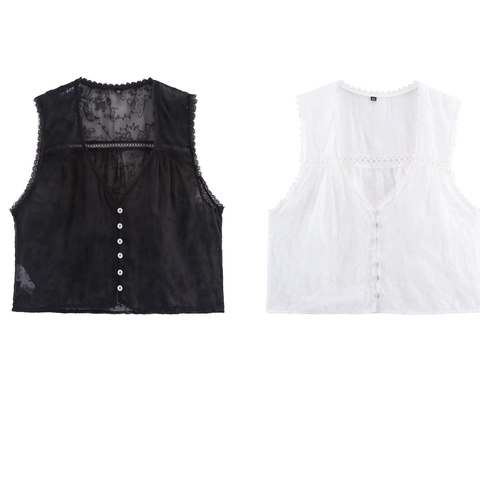 Camisa Sin Mangas Casual para Mujer Cuello en V Bordado Encaje Malla Transparente Floral Botones Chaleco Corto Verano Streetwear