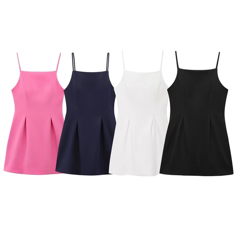 Women Sexy Spaghetti Strap Mini Dress Solid Color Square Neck Pleated A-Line Dress Summer Casual Party Slim Fit Short Sun Dress