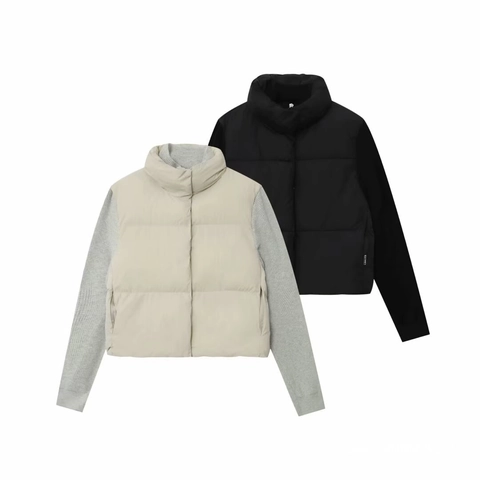 Damen Casual Stehkragen Patchwork Jacke Langarm Reißverschluss Wattierte Baumwolle Mantel Außenbekleidung Herbst Winter