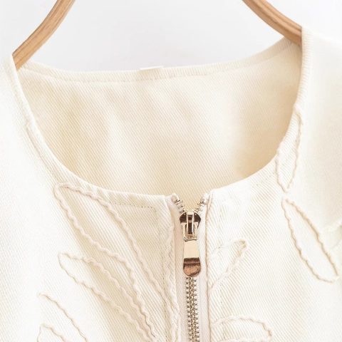 Giacca da Donna Elegante con Ricamo a Foglia Albicocca Girocollo Cerniera Maniche a Lanterna Misto Cotone Street Style