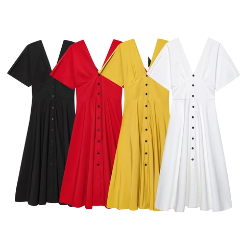 Women Elegant V-Neck Button Down Midi Dress Vintage Solid Color Short Sleeve A-Line Flowy Summer Casual Dress Evening Party