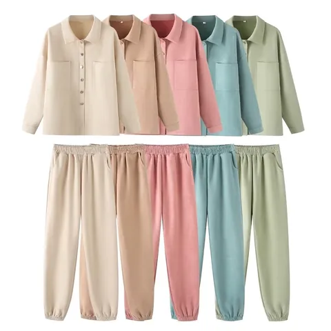 Completo Casual da Donna in Camoscio Due Pezzi Con Giacca Camicia a Maniche Lunghe e Pantaloni Jogger Elastici Tinta Unita