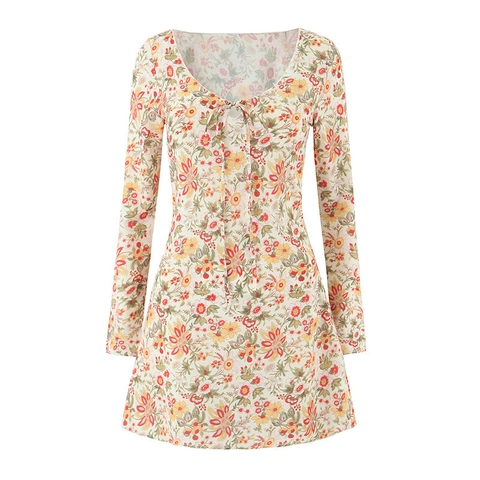 Abito Mini a Manica Lunga con Stampa Floreale Vintage Sexy Scollo a V con Laccio Linea ad A Vestito Estivo Casual Donna