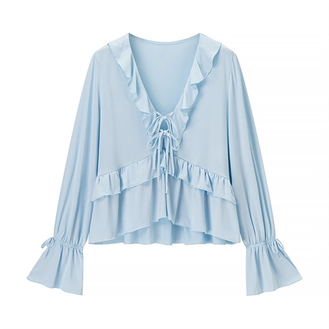 Women Elegant Light Blue Satin Skirt Set V Neck Ruffle Long Sleeve Top And High Waist Long Skirt Vacation Two Piece Set