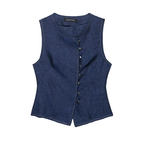 Set Gilet Senza Maniche da Donna Casual Pendolare e Pantaloni a Gamba Larga a Vita Alta Blu Scuro Tinta Unita Streetwear