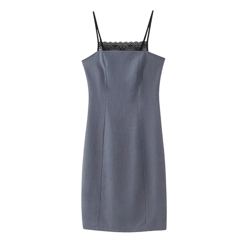 Abito da Donna Sexy Gessato Grigio Con Bordo in Pizzo Nero Abito Midi a Trapezio Spalline Regolabili Cerniera Posteriore
