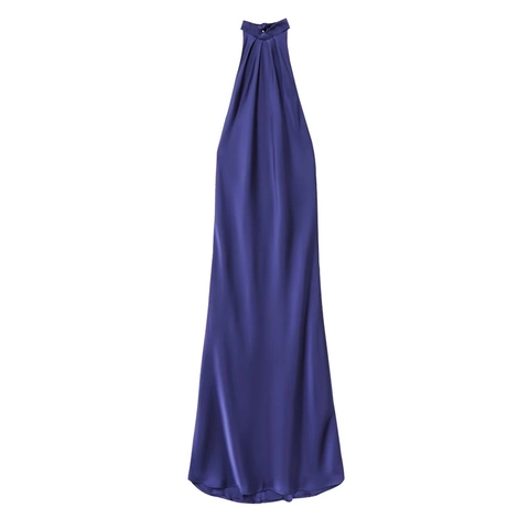 Elegantes Satin Maxikleid mit Neckholder für Damen Slim Fit Plissee Abendparty Langes Kleid Gold Schwarz Blau Weinrot