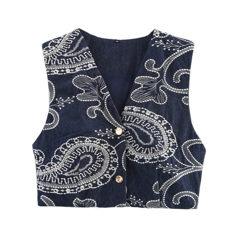 Completo Due Pezzi Denim Casual Donna Ricamo Paisley Bianco Gilet Crop Scollo a V e Pantaloncini Coordinati Retro Senza Maniche