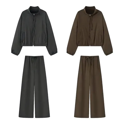Dames Casual Streetwear Staande Kraag Rits Jas En Hoge Taille Wijde Pijpen Outfits Polyester Outfit