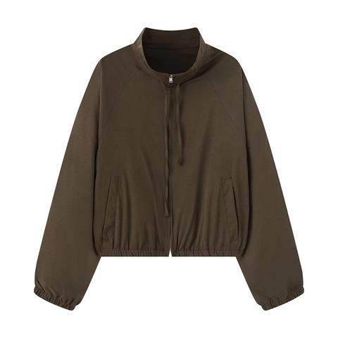 Dames Casual Streetwear Staande Kraag Rits Jas En Hoge Taille Wijde Pijpen Outfits Polyester Outfit