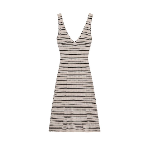Dames Zomer V-Hals Mouwloos Gestreepte Gebreide Midi Jurk A-Lijn Geribde Bodycon Casual Zomerjurk Elegant Streetwear