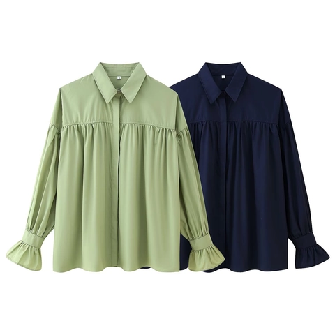 Damen Casual Plissee Revers Bluse Elegant Einfarbig Flare Sleeve Chiffon Hemd Lockerer Schnitt Einreihig Top Für Büro Damen