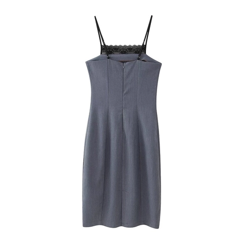 Abito da Donna Sexy Gessato Grigio Con Bordo in Pizzo Nero Abito Midi a Trapezio Spalline Regolabili Cerniera Posteriore