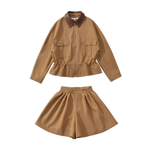 Completi Due Pezzi da Donna Giacca Khaki E Pantaloncini Plissettati Street Style Patchwork Colletto in Pelle Coulisse Abbigliamento