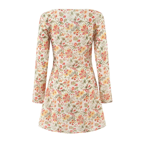 Abito Mini a Manica Lunga con Stampa Floreale Vintage Sexy Scollo a V con Laccio Linea ad A Vestito Estivo Casual Donna
