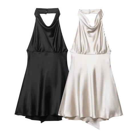 Dames Halternek Rugloze Satijnen Mini Jurk Elegant Gedrapeerde Hals Strik Mouwloze Party Jurk Voor Vrouwen Sexy Effen Kleur