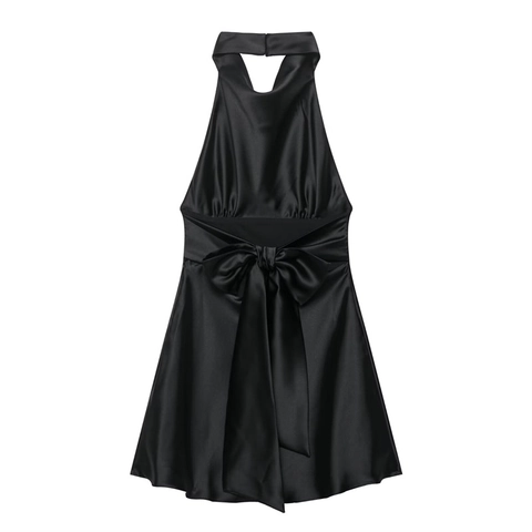Dames Halternek Rugloze Satijnen Mini Jurk Elegant Gedrapeerde Hals Strik Mouwloze Party Jurk Voor Vrouwen Sexy Effen Kleur
