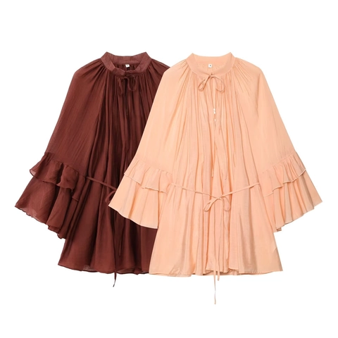 Abito da Donna Retrò a Maniche Lunghe con Volant Collo Lupetto Lacci Plissettato Manica con Volant a Strati Abito Mini in Chiffon a Trapezio per Festa Quotidiana