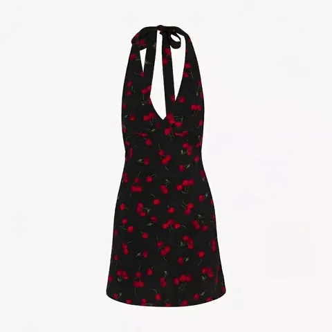 Vintage Franse Zwarte Kers Print Halter Mini Jurk Voor Vrouwen Zomer Vakantie Rugloos Strikband A-Lijn Mouwloos Feest Jurk