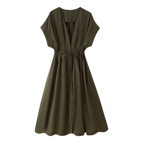 Abito Midi da Donna Estivo con Scollo a V Maniche Corte Coulisse in Vita Pieghe a Linea A Verde Oliva Casual Streetwear