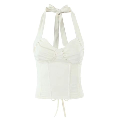 Women Sexy Halter Neck Corset Top Lace Up Backless Sleeveless Slim Fit Crop Top Party Clubwear Solid Color Polyester