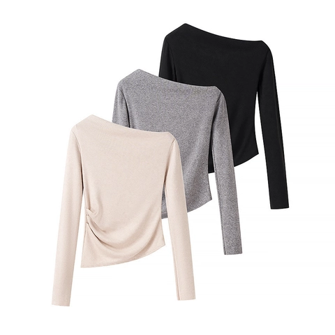 Top in Maglia a Maniche Lunghe Monospalla Asimmetrico Arricciato da Donna Vestibilità Aderente in Poliestere Street Style