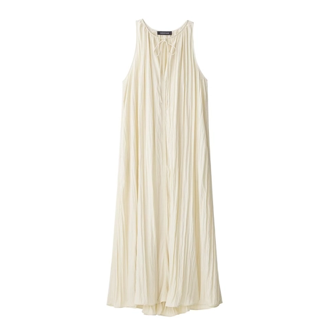 Damen Ärmellos Plissiert Midi Kleid Elegant Gebundener Rundhals Einfarbig Off-White Sommer Casual Urlaub Lockeres Sommerkleid