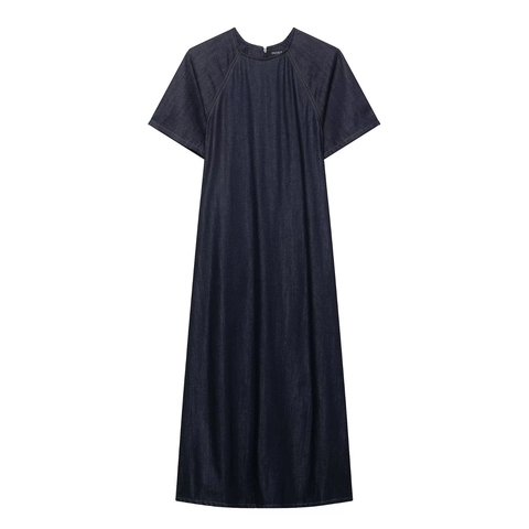 Abito Lungo Denim Blu Profondo Casual da Donna Con Maniche Raglan Girocollo Cuciture a Contrasto Cerniera Posteriore Streetwear