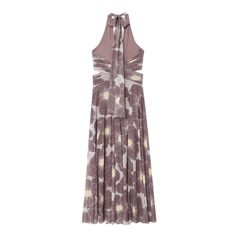 Damen Blumenmuster Neckholder Maxikleid Elegant Ausschnitt Taille Rückenfrei Netz Langes Kleid Für Sommer Urlaub Party