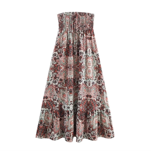 Dames Boho Paisley Print Bandeau Maxi Jurk Vintage Gesmokt Strapless Roffelzoom Strandvakantie Slim Fit Lange Jurk